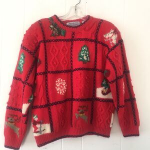 Vtg Northern Isle Womens Smalls Ugly Christmas Sweater 100% Wool Patchwork Red